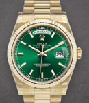 President 36mm in Yellow Gold with Fluted Bezel on President Bracelet with Green Stick Dial