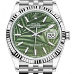 Datejust 36mm in Steel and White Gold Fluted Bezel on Jubilee Bracelet with Olive Green Palm Motif Dial