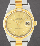 Date 34mm in Steel with Yellow Gold Fluted Bezel on Oyster Bracelet with Champagne Stick Dial