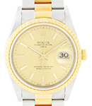 Date 34mm in Steel with Yellow Gold Fluted Bezel on Oyster Bracelet with Champagne Stick Dial