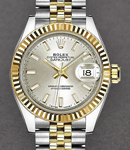 Datejust Ladies 28mm in Steel with Yellow Gold Fluted Bezel on Jubilee Bracelet with Silver Stick Dial