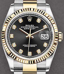 36mm Datejust in Steel with Yellow Gold Fluted Bezel on Oyster Bracelet with Black Diamond Dial