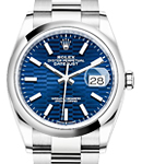 Datejust 36mm in Steel with Domed Bezel on Oyster Bracelet with Blue Motif Index Dial