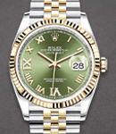 Datejust 36mm in Steel with Yellow Gold Fluted Bezel on Jubilee Bracelet with Olive Green Roman Dial with Diamond VI & IX