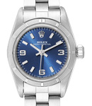 Oyster Perpetual 26mm Automatic in Steel with Engine Turned Bezel on Steel Oyster Bracelet with Blue Stick & Arabic Dial