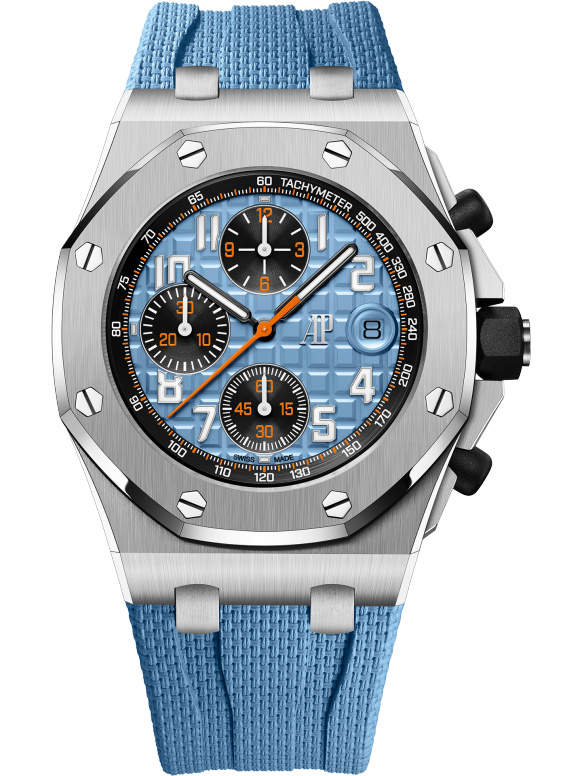 Royal Oak Offshore Chronograph in Steel on Blue Rubber Strap with Textile Decoration and Blue Mega Tapisserie Dial with Black Counters