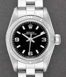 Oyster Perpetual 26mm Automatic in Steel with Engine Turned Bezel on Steel Oyster Bracelet with Black Stick & Arabic Dial