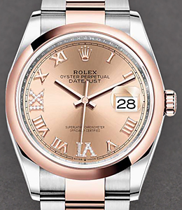 Datejust 36mm in Steel with Rose Gold Smooth Bezel on Oyster Bracelet with Rose Roman Dial - Diamond on 6 & 9