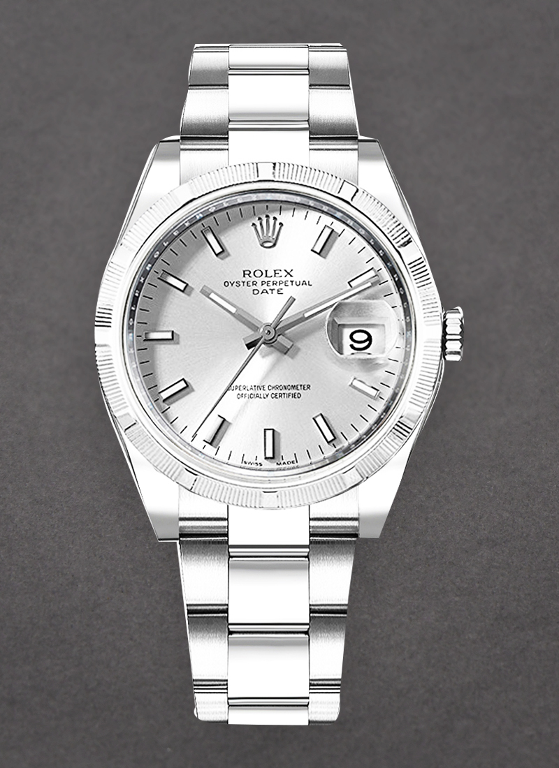 Pre-Owned Rolex Date 34mm in Steel with Engine Turned Bezel