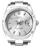 Date 34mm in Steel with Engine Turned Bezel on Oyster Bracelet with Silver Stick Dial