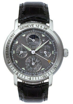 Equation of Time Moon phase in White Gold on Black Leather Strap with Grey Guilloche Dial