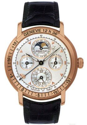 Equation of Time Moon phase in Rose Gold on Black Leather Strap with White Guilloche Dial